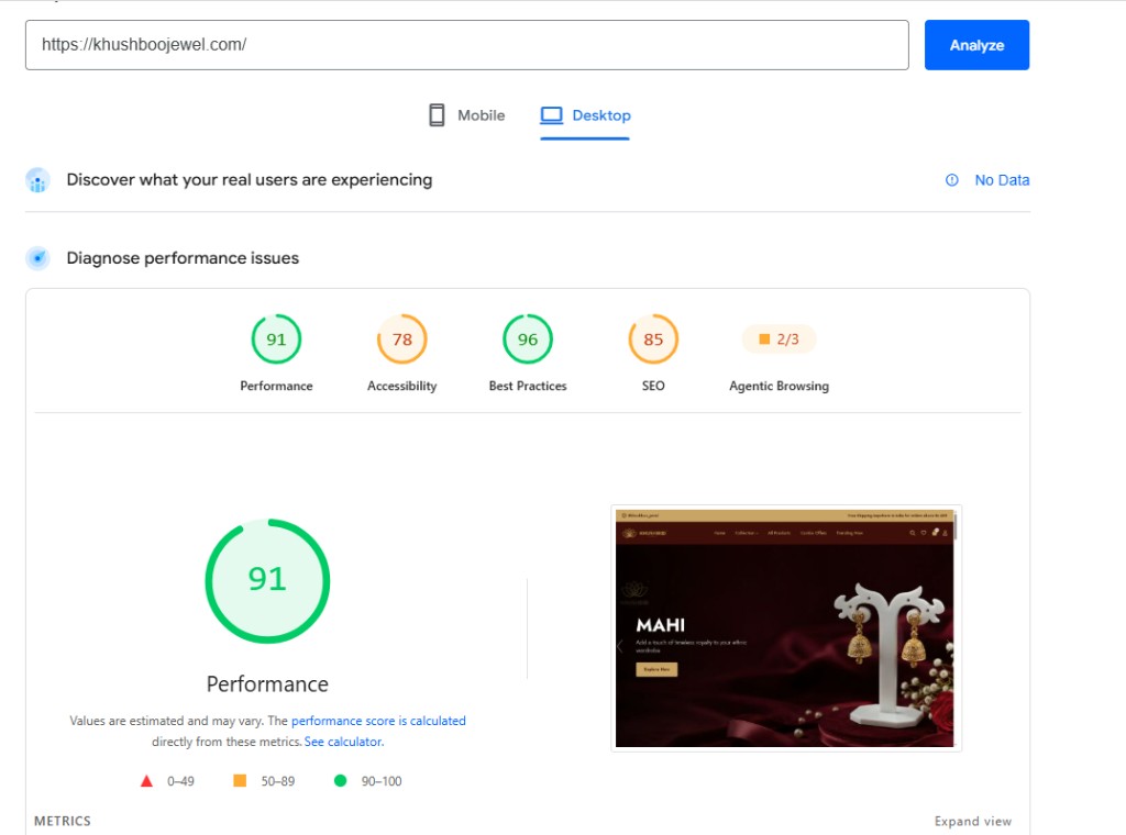 Google PageSpeed Insights report for Khushboo Jewel showing Performance 91, Accessibility 78, Best Practices 96, and SEO 85