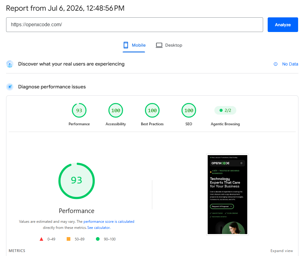 Google PageSpeed Insights report for OpenXcode showing Performance 93, Accessibility 100, Best Practices 100, and SEO 100